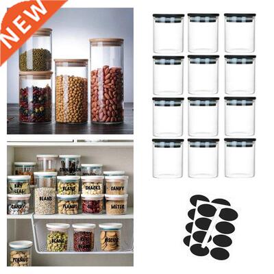 12 Pieces W/ Labels and Pen Glass Food Storage Jars with Woo