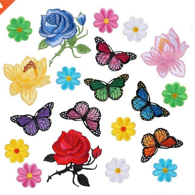 20 Pcs Flowers Butterfly Iron On Patches Sew On Embroidery A