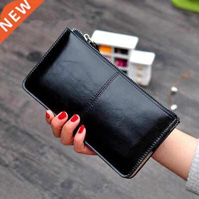 Women's Vintage Oil Wax Leather Zipper Clutch Wallet Fem