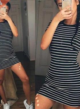 Summer Round Neck Enough Stock Short-sleeved Dress Black And