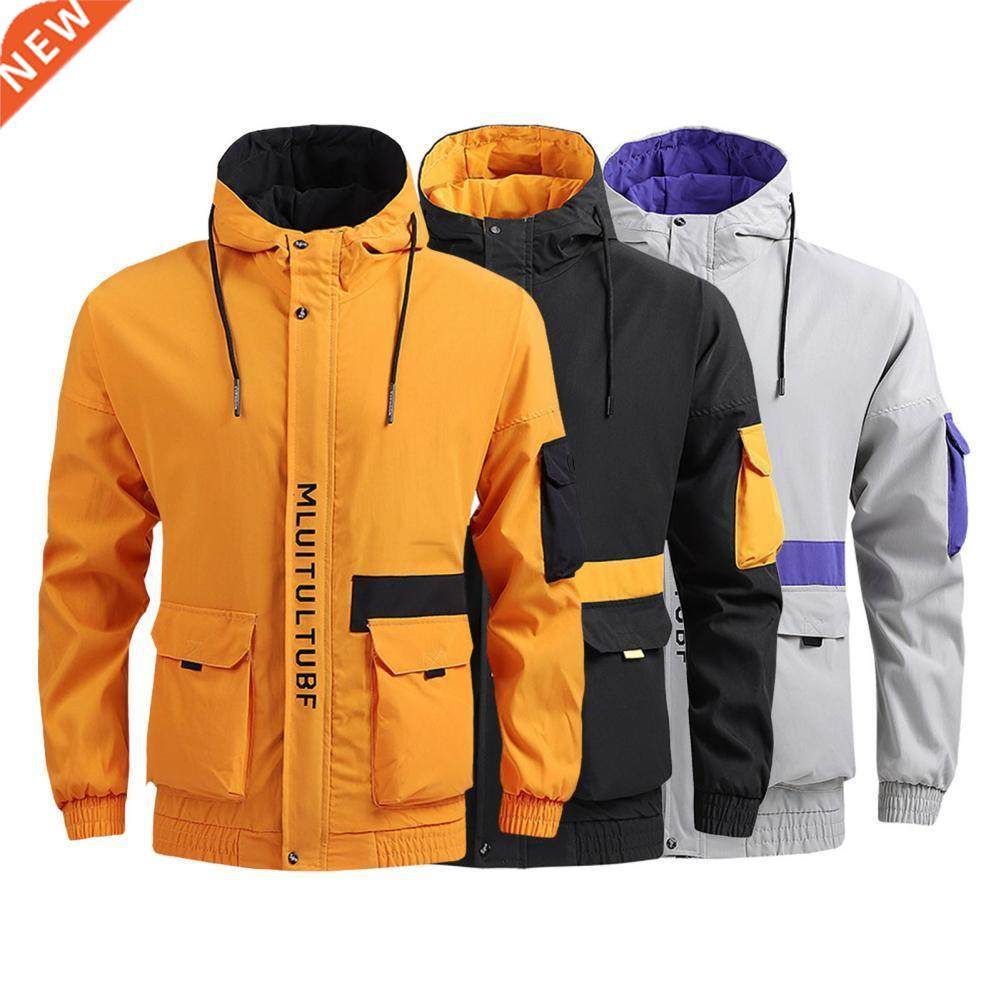 Men Coat Contrast Cors Hooded Windproof Slim Winter Jacket