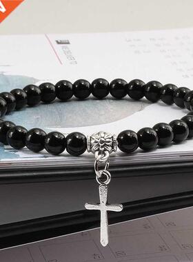 6mm Boho Natural Blue Turquoises Beads Bracelet Men Cross Pe