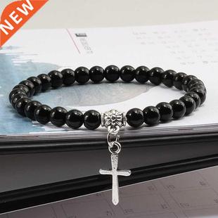 Blue Turquoises Cross Boho Men Natural Bracelet 6mm Beads