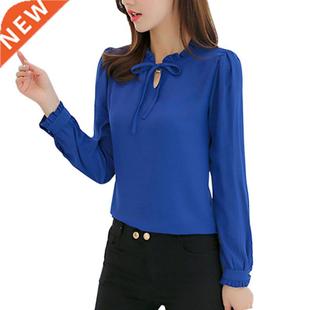 Shirts Long Bow Women Blous Collar Blue Stand Spring Sleeve