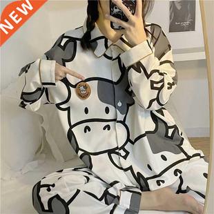 Two Piece Women Print Cotton Pijamas Pajamas Autumn Cow Set