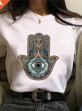 Lucky Hamsa Hand Print Tee Shirt Femme White Tshirt Summer T