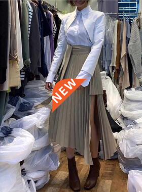 Spring Irregular Sashes Mid Calf Women Pleated Skirt Khaki P