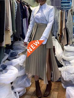 Spring Irregular Sashes Mid Calf Women Pleated Skirt Khaki P