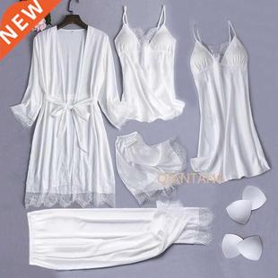 White Silk Pajamas Set Women 5PCS Bride Wedding Robe Nightgo