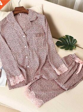 Lisacmvpnel Leopard Print Women Pajama Set Ice Silk Soft Tou