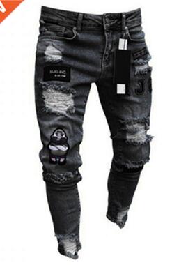 Men Sretchy Ripped Skinny Biker Embroidery Cartoon Print Jea