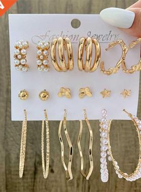 6Pcs/Set Fashion Big Circle Gold Color Simulation Pearl Geom