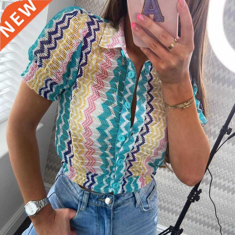 AGong Short Sleeve Buttons Sweaters Women Fashion Turn Down