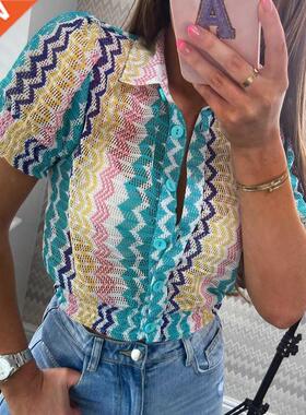 AGong Short Sleeve Buttons Sweaters Women Fashion Turn Down