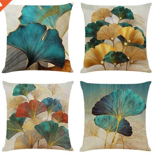Cushion Covers Modern Teal And Gold Leaves Decorative Throw