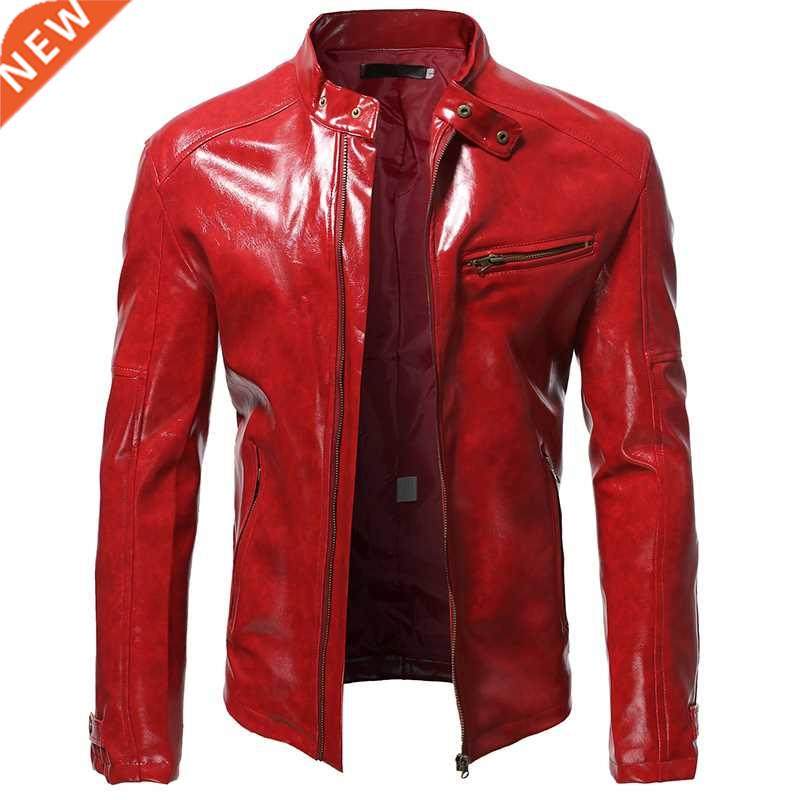 S-5XL Glossy Leather Jacket Men's Fall Fashion Slim Stand Co