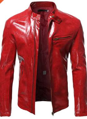S-5XL Glossy Leather Jacket Men's Fall Fashion Slim Stand Co