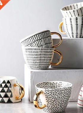 Hand Painted Geometric Ceramic Mugs With Gold Handle Handmad