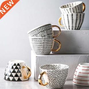 Hand Painted Geometric Ceramic Mugs With Gold Handle Handmad