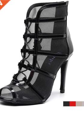 Woman High Top Latin Dance Shoes Red Black Ballroom Dance Bo