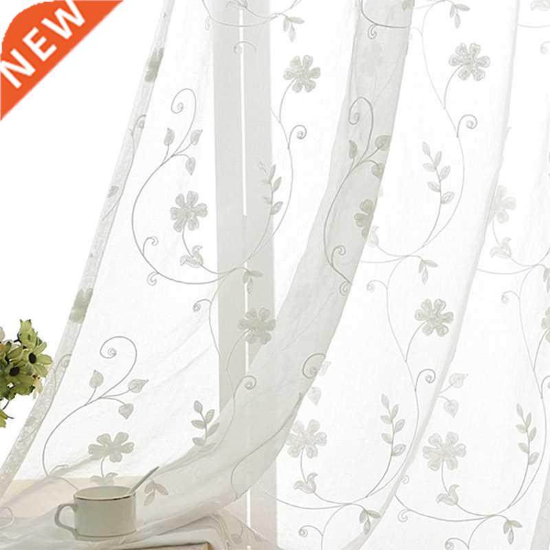 Embroidered White Floral Tulle Window Curtains For Living Ro