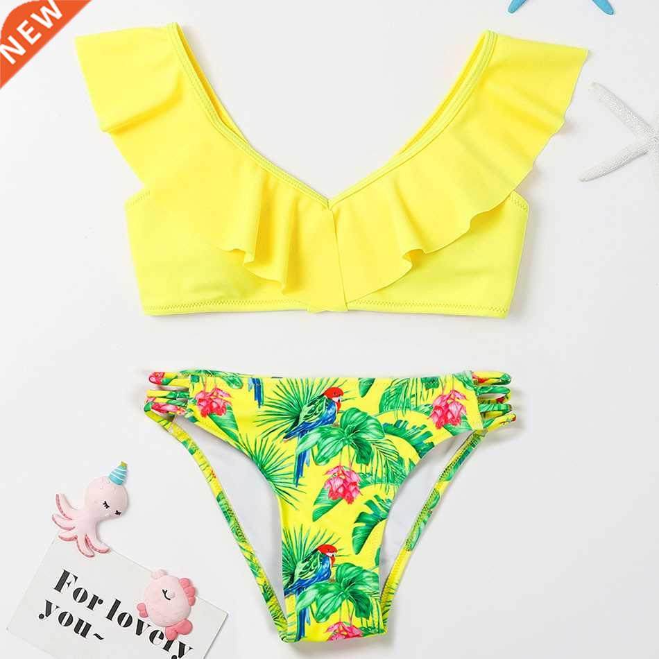 Tropical Floral Girl Swimsuit Kids Ruffle Bikini Set 7-14 Ye