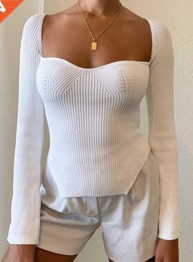 Square Collar Long Sleeve Woman Sweaters Knitted Pullover Wo