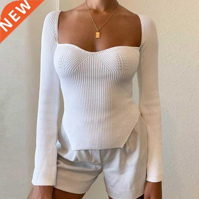 Square Collar Long Sleeve Woman Sweaters Knitted Pullover Wo