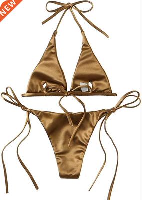 Women Metallic Halter Top Two Piece Swimsuit Triangle Bikini
