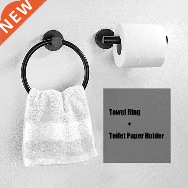 2Pcs Bathroom Hardware Black Towel Ring and Toilet Paper Hol