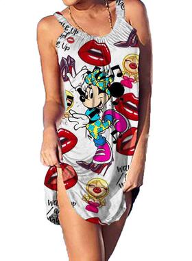 3D Mickey Mouse Minnie Print Dress Women Fashion Summer Sli