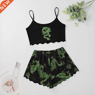 Dragon Print Pajamas for Girls Set Summer Women Sleepwear Lo