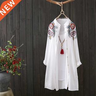 Women White Shirt 100% Cotton Embroidery Long Sleeve Button