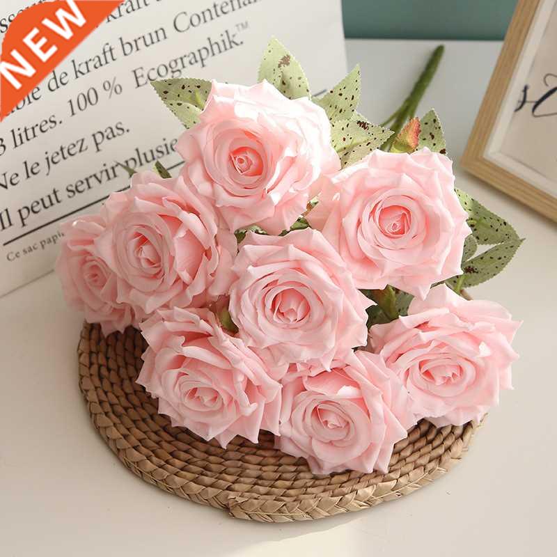 Artificial Rose Flowers Plants Leaves Pink Silk Fake Plants