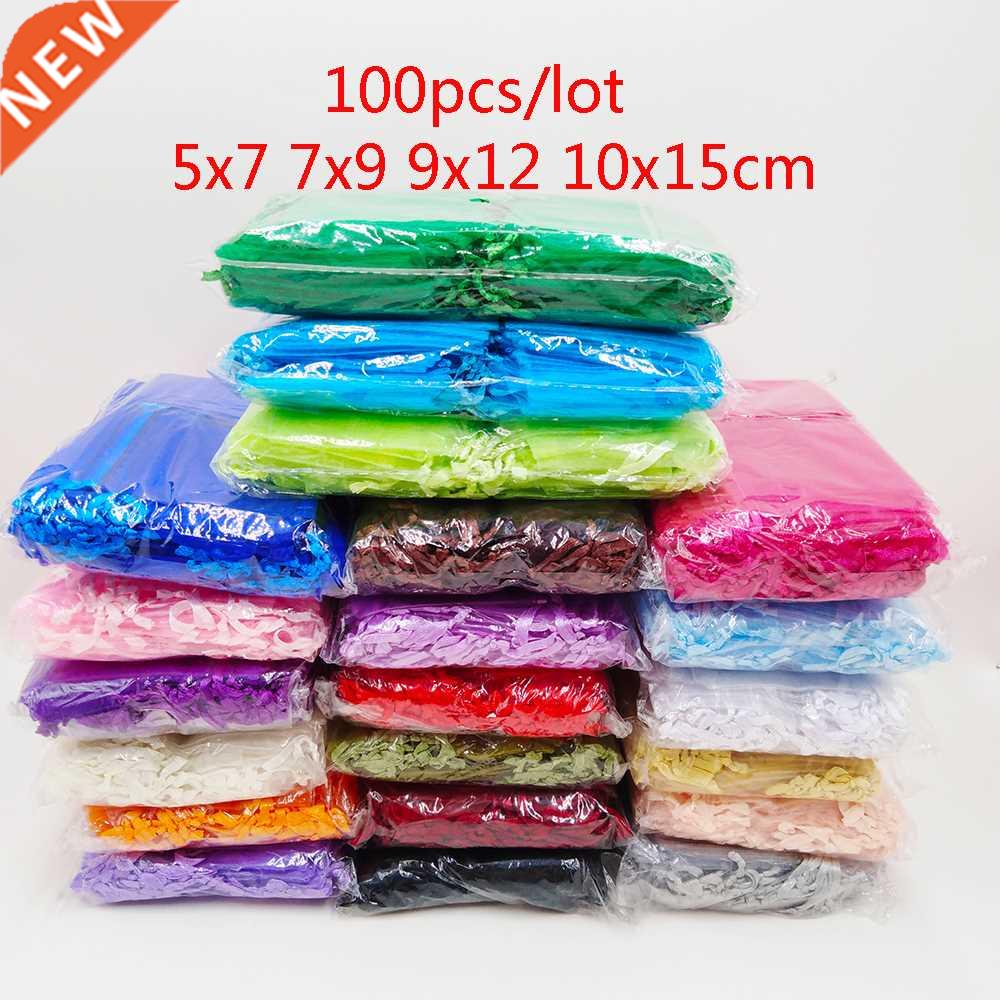 100pcs Organza Bag 5x7 7x9 9x12 10x15cm Jewelry Packaging Or