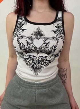 y2k Printed Tank Tops Cute White Knitted Crop Top Women 2022