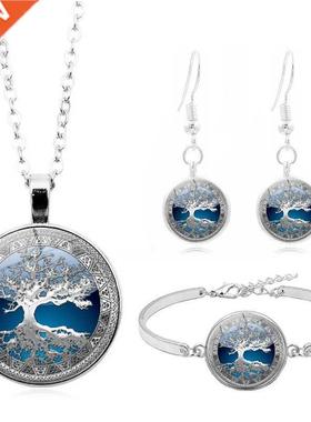 Celtic ree of Life Glass Cabochon Necklace Stud Earrings Bra