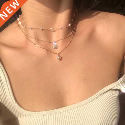 Fashion Butterfly Crystal Pearl Pendant Necklace Statement C