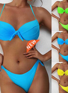 Halter Bikini Solid Color Swimsuit Women Bqiuini Bandage Bik