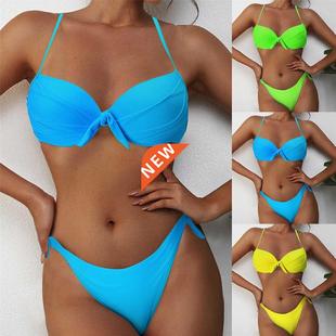 Color Swimsuit Women Halter Bandage Solid Bqiuini Bik Bikini