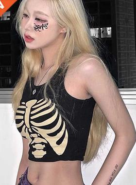 Summer Slim Knitting Crop Top Vest Y2k Aesthetic Gothic Blac