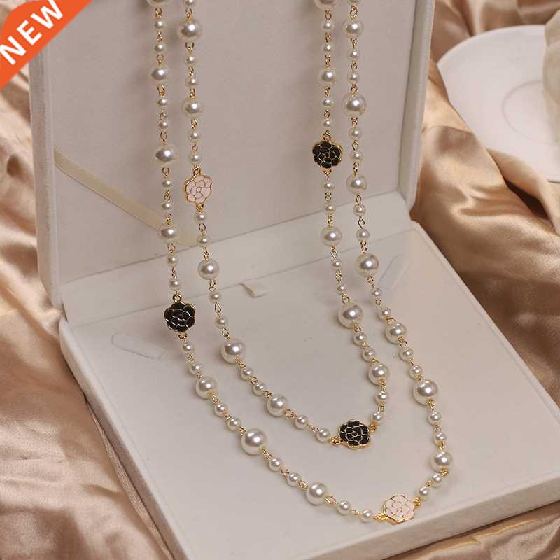 Luxury Camellia Multilayer Long Pearl Necklace Brand Design