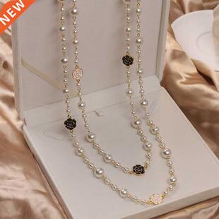 Luxury Camellia Multilayer Long Pearl Necklace Brand Design
