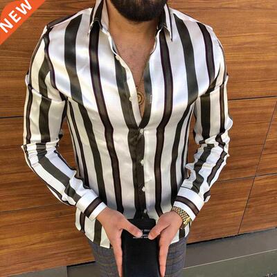 Men's Striped Casual Shirts Streetwear Slim Fit Black Wh