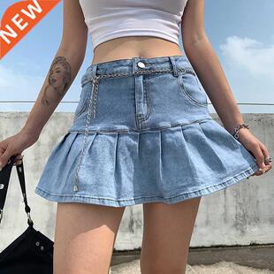 y2k Pink Denim Pleated Skirts Mini Solid Casual Woman Fashio