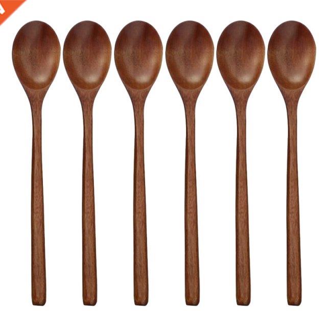 Wooden Spoons, 6 Pieces Wood Soup Spoons for Eating Mixing S