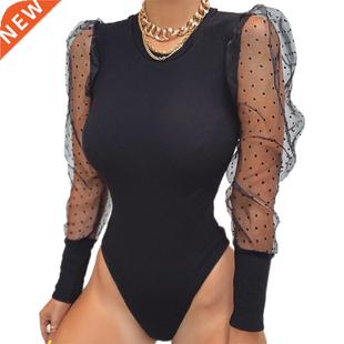 Mesh Puff Sleeve Elegant Bodysuits Tops Women Long sleeve So