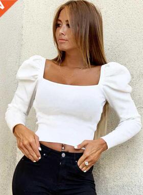 Retro Women Autumn Shirts Solid Color Puff Sleeve Square Col