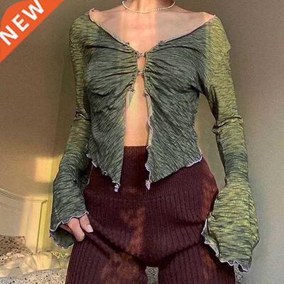 90s Aesthetics Ruffles Button Green T-shirts Y2K Fairy Grung