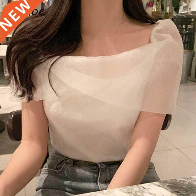 Neploe Gentle Style Temperament Solid Blusas Slash Neck Off